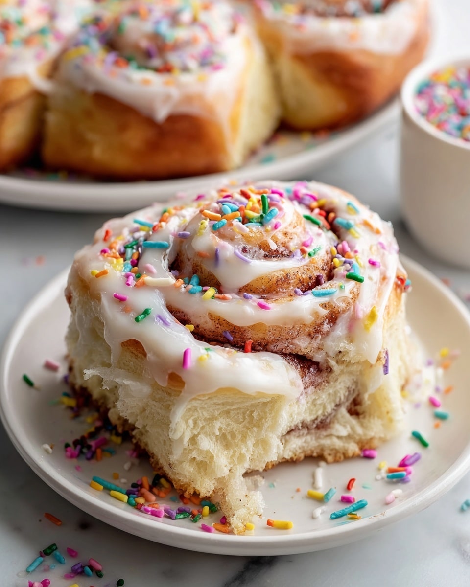Full metal baking tray filled with a dozen perfectly baked cinnamon rolls generously coated with creamy white icing and sprinkled with vibrant multicolored confetti sprinkles, showcasing the entire batch nestled closely together, photographed from a 3/4 angle on a white marble countertop with natural lighting, styled as a professional hero food magazine shot, photo taken with an iphone --ar 4:5 --v 7