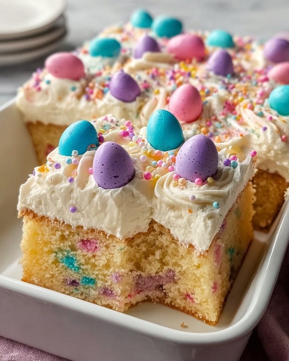 A full rectangular white baking dish filled with a moist, fluffy confetti cake topped with a thick layer of creamy swirled white frosting. The frosting is adorned with pastel-colored candy-coated chocolate eggs in blue, purple, and pink, along with scattered multicolored round sprinkles throughout the cake and on top, creating a festive and vibrant appearance. The whole cake is presented on a white marble countertop under natural light, captured in a professional 3/4 angle hero shot. photo taken with an iphone --ar 4:5 --v 7