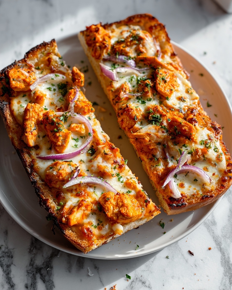 Two whole white baguette halves topped with melted mozzarella cheese, chunks of seasoned chicken, thin slices of red onion, and sprinkled with fresh parsley and oregano, arranged side by side on a cooling rack over a white marble counter, natural lighting, professional food styling, hero shot photo taken with an iphone --ar 4:5 --v 7