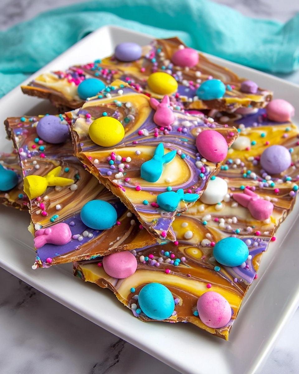 Large white rectangular baking pan filled with a rich chocolate and vanilla swirled fudge dessert, decorated with an abundance of colorful pastel candy-coated chocolate eggs, tiny bunny-shaped sprinkles, multicolored confetti sprinkles, and small white sugar pearls evenly scattered on top, whole uncut dish photographed from a 3/4 angle on a white marble countertop, natural lighting enhancing the glossy texture, professional food magazine hero shot photo taken with an iphone --ar 4:5 --v 7
