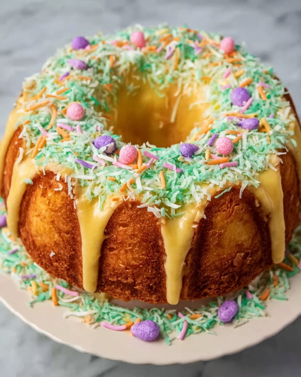 Complete Bundt cake displayed on a white platter, featuring a golden-brown exterior with smooth yellow glaze dripping elegantly over the sides, topped generously with shredded coconut dyed a pale green and colorful pastel sprinkles in pink, purple, and orange, all arranged for a festive presentation. The shot is taken from a 3/4 angle, showcasing the entire cake on a white marble background under natural lighting, styled like a hero photo from a food magazine. Photo taken with an iphone --ar 4:5 --v 7