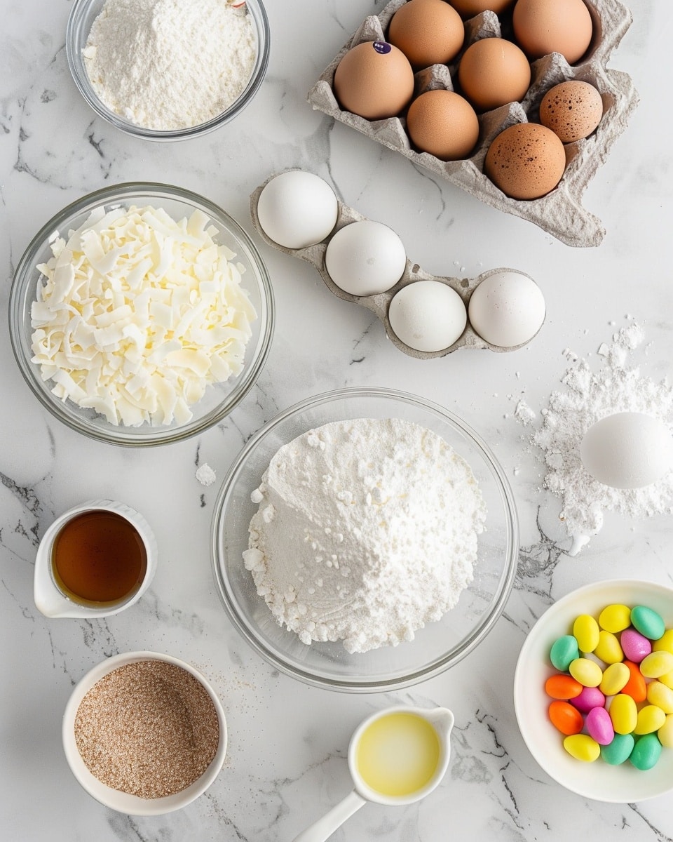 Single white plate holding a thick slice of moist bundt cake topped with a drizzle of pale yellow glaze and a generous layer of shredded coconut dyed light blue sprinkled with tiny edible pastel flowers, crowned with a cluster of smooth pastel candy eggs in soft yellows, blues, and pinks, showing the tender crumb and fluffy interior texture in a close-up angled view that highlights the contrast between the golden brown crust and the vibrant toppings, placed on a white marble surface with natural lighting, styled like an individual serving from a food blog, photo taken with an iphone --ar 4:5 --v 7