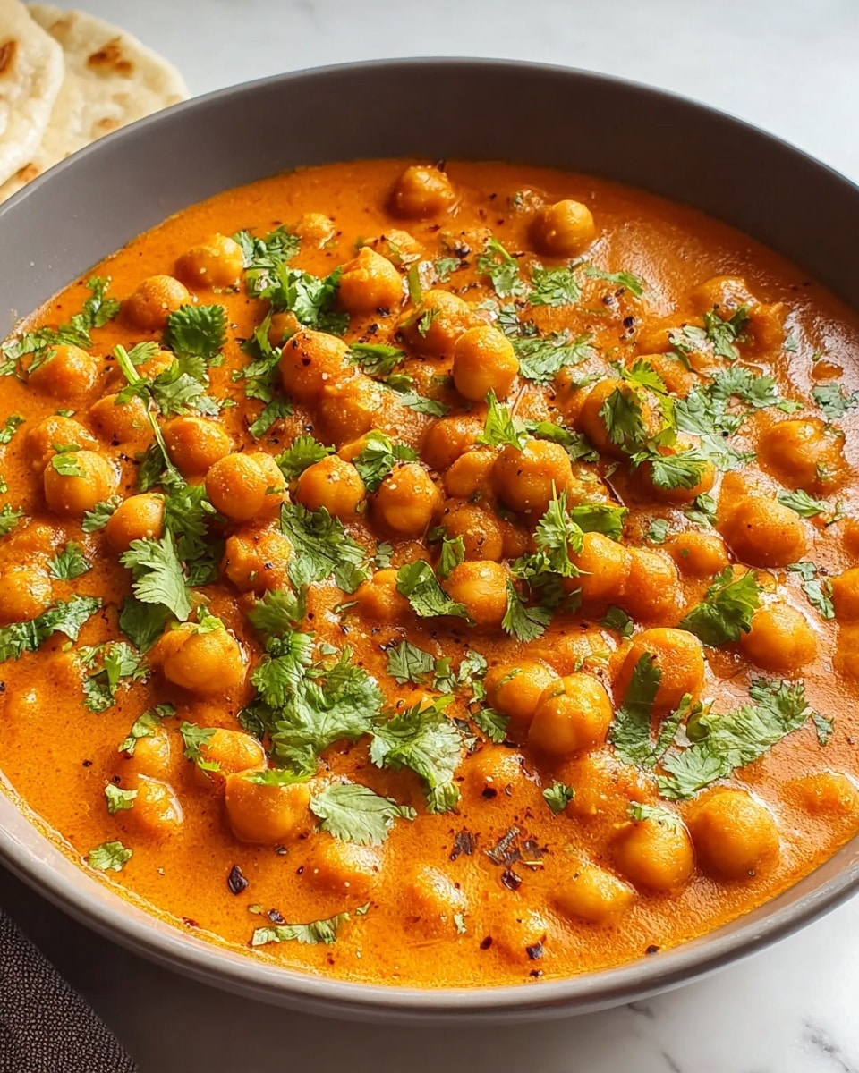 Large white sauté pan filled with creamy spiced chickpea curry in a rich vibrant orange tomato gravy, garnished generously with fresh cilantro leaves and a wedge of lemon on top, the dish presented whole, photographed from a 3/4 angle on a pristine white marble countertop with natural lighting, styled like a hero shot from a food magazine, photo taken with an iphone --ar 4:5 --v 7