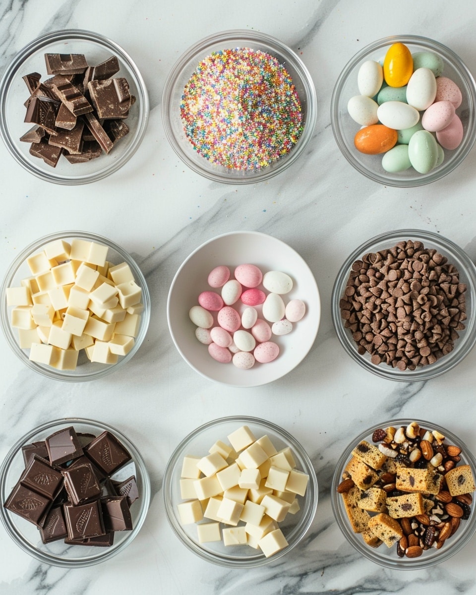 Single white plate holding one triangular slice of swirled milk and white chocolate bark, adorned with pastel-colored speckled candy eggs and small chunks of chocolate bars on top, close-up angled view revealing marbled layers and smooth creamy texture, natural sunlight illuminating the glossy chocolate surface, white marble background, styled intimate plated serving photo taken with an iphone --ar 4:5 --v 7