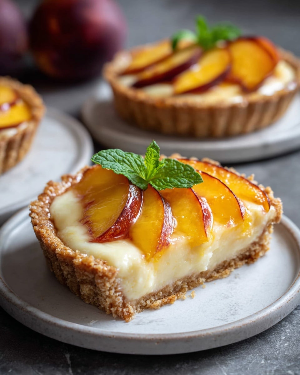 Whole white tart pan filled with an uncut freshly baked peach tart, featuring a golden-brown flaky crust, a smooth creamy custard filling topped with beautifully arranged vibrant peach slices and sprinkled with a light dusting of sugar crystals, garnished with fresh mint leaves, set on a white marble countertop, professional 3/4 angle food photography with natural lighting, entire tart fully in frame, photo taken with an iphone --ar 4:5 --v 7