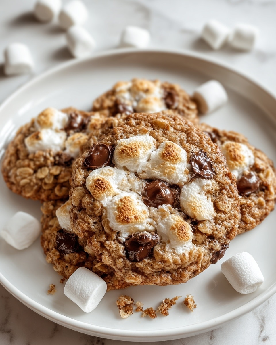 White round plate filled with a full batch of freshly baked oatmeal cookies generously studded with melted chocolate chips and toasted mini marshmallows, arranged in an inviting stack that showcases their golden-brown, textured surface, photographed from a 3/4 angle on a pristine white marble countertop with natural lighting for a professional food magazine hero shot, photo taken with an iphone --ar 4:5 --v 7