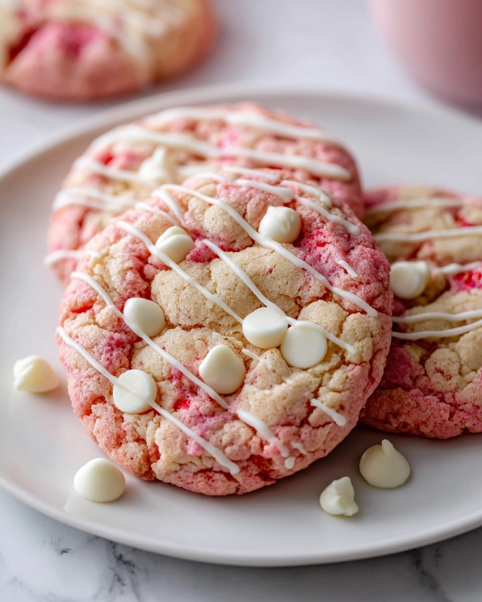 Large white plate filled with a generous stack of pink strawberry cookies embedded with white chocolate chips and drizzled with delicate white icing lines, arranged neatly to showcase their soft, cracked texture, fresh whole strawberries placed artistically in the background, all presented on a white marble countertop with natural lighting, professional food styling photo taken with an iphone --ar 4:5 --v 7