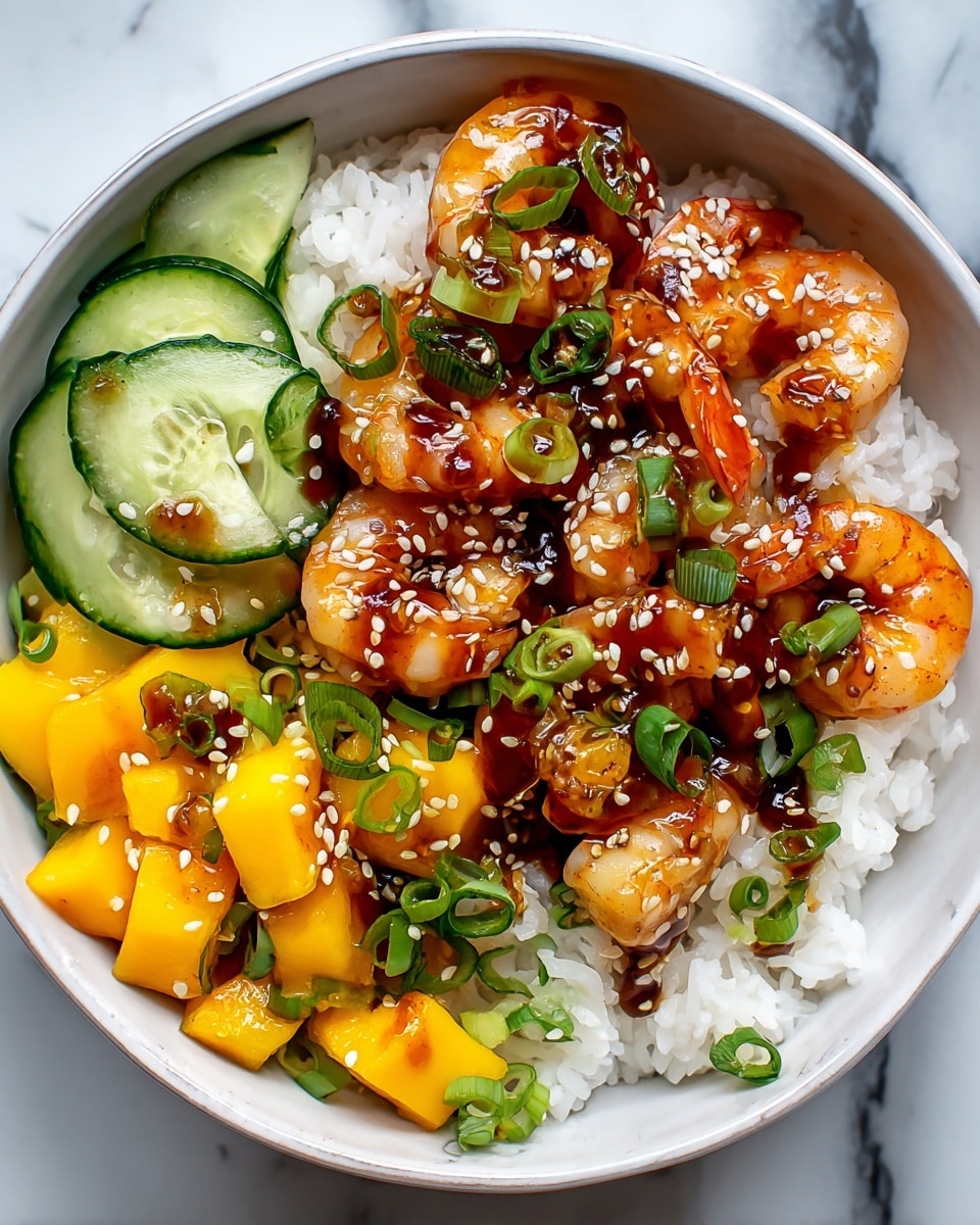 Large white bowl filled with a vibrant shrimp poke bowl featuring plump, glazed shrimp arranged over a bed of fluffy white rice, surrounded by fresh sliced cucumbers, bright orange diced mangoes, all sprinkled generously with sesame seeds and finely chopped green onions, the whole dish presented in a neat, colorful, and appetizing manner, photographed from a top 3/4 angle on a white marble countertop with natural lighting, professional food styling photo taken with an iphone --ar 4:5 --v 7