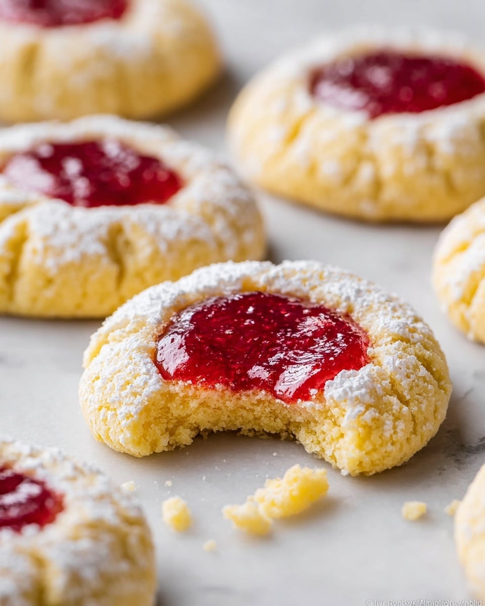 A white rectangular baking sheet filled with multiple freshly baked lemon crinkle cookies, each round cookie showing a bright yellow cracked surface dusted with powdered sugar and a smooth, vibrant red raspberry jam center, arranged neatly in rows on parchment paper, all cookies whole and unbroken, photographed from a 3/4 angle on a white marble countertop with natural lighting, styled like a professional food magazine hero shot, photo taken with an iphone --ar 4:5 --v 7