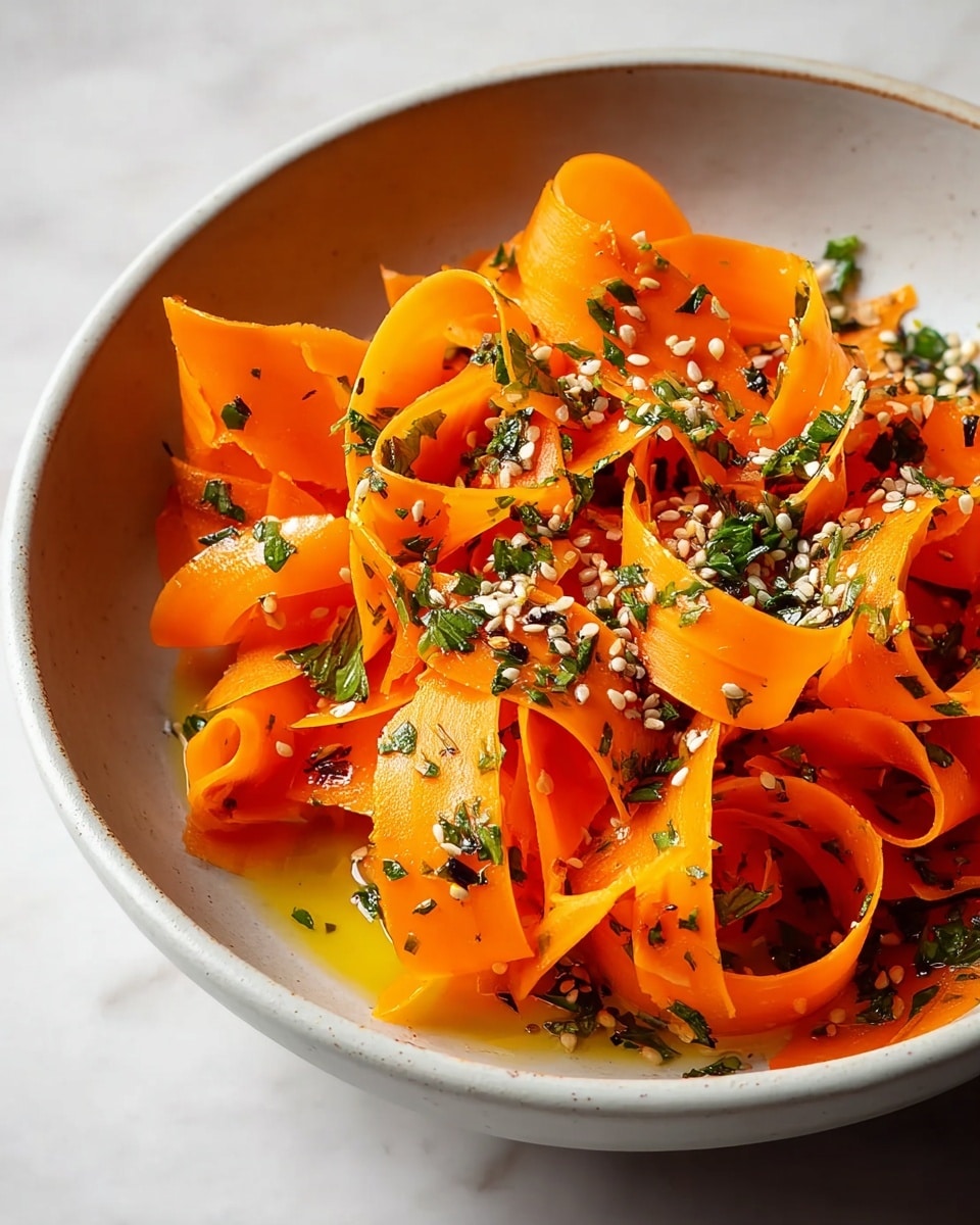 Large white ceramic bowl filled with vibrant carrot ribbon salad tossed with fresh herbs and sprinkled generously with white sesame seeds, showcasing bright orange carrot ribbons elegantly curled and layered, drizzled with a light dressing that glistens naturally, whole dish photographed from above on a white marble countertop with natural lighting, styled for a professional food magazine hero shot, photo taken with an iphone --ar 4:5 --v 7