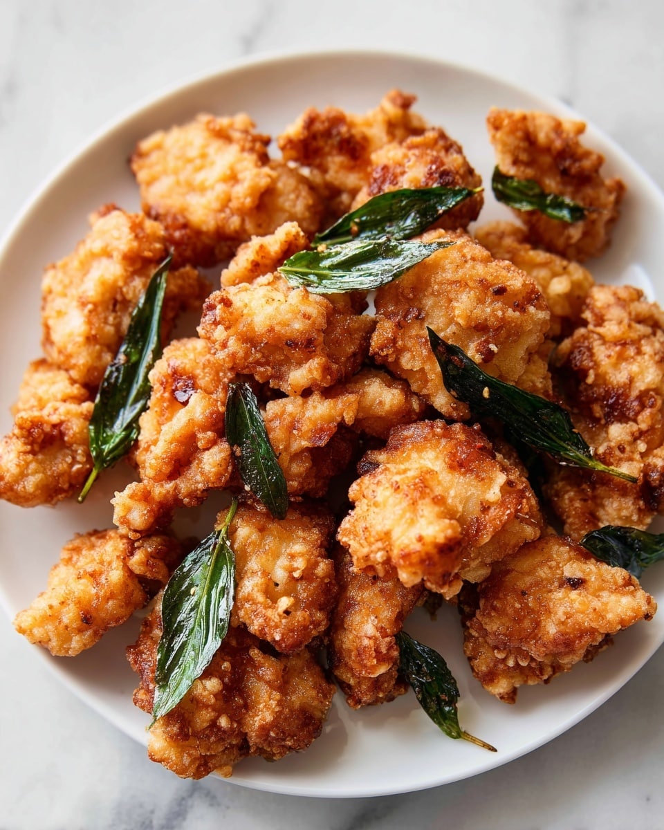 White serving platter filled with a generous mound of whole crispy fried chicken bites, perfectly golden and textured with a light, crunchy coating, interspersed with vibrant fried basil leaves that add a pop of green and an aromatic touch, photographed from a close 3/4 angle on a pristine white marble countertop, captured in natural daylight to highlight the savory crispiness, professional food styling photo taken with an iphone --ar 4:5 --v 7