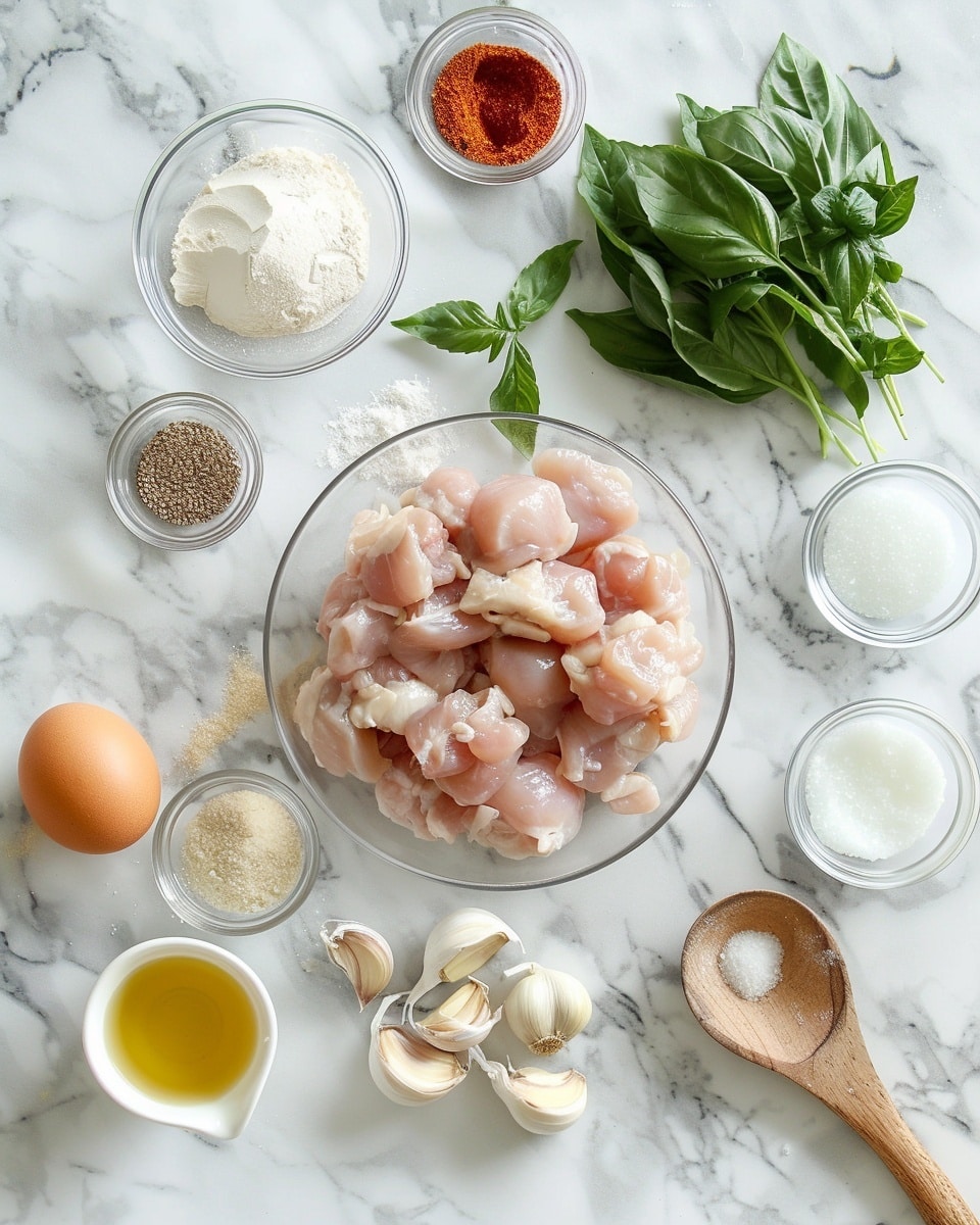 Single white plate featuring one plated portion of crispy fried chicken pieces with visible airy and crunchy batter texture, garnished with several fried basil leaves, close-up angle emphasizing the golden crust and seasoned surface, arranged neatly on a smooth white marble background, natural lighting highlighting the tempting details and inviting warmth, styled like a food blog single serving photo taken with an iphone --ar 4:5 --v 7