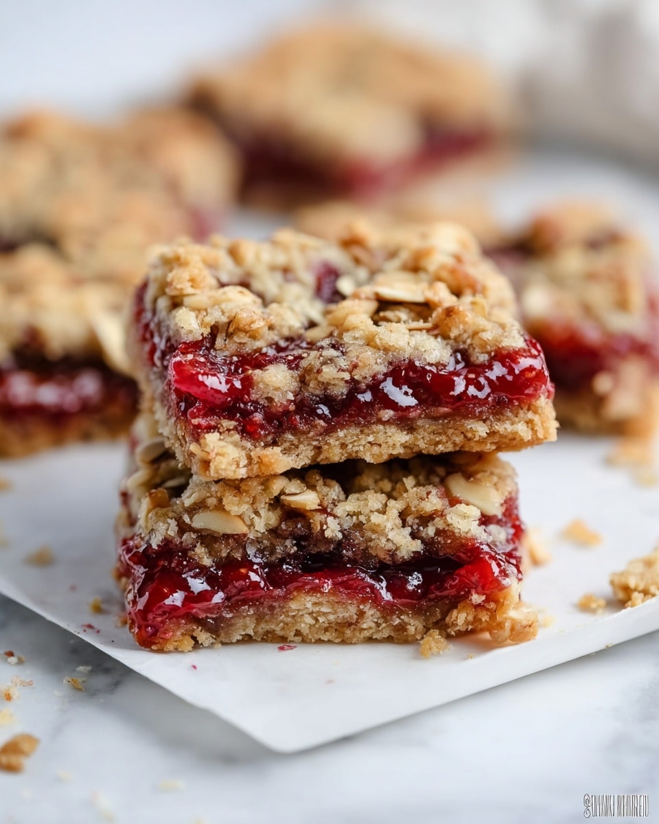 Large white rectangular baking dish filled with a whole batch of oatmeal jam bars, featuring a golden-brown oat crumble topping generously studded with rolled oats, with vibrant red jam filling visibly bubbling through the crumbly surface, the entire dessert presented on a white marble surface, captured in natural light from a 3/4 angle to highlight texture and color, styled as a professional food magazine hero shot, photo taken with an iphone --ar 4:5 --v 7
