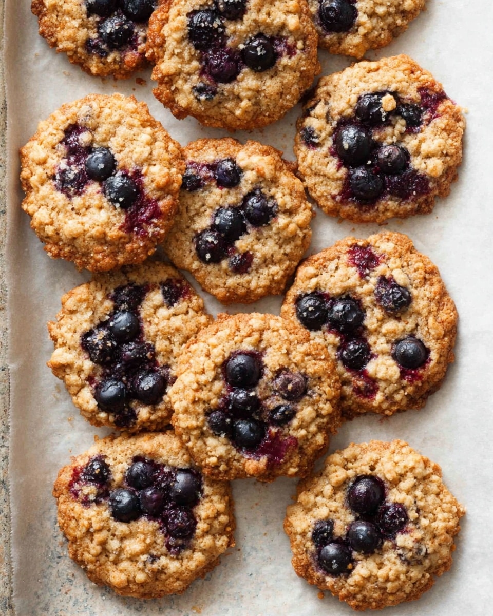 A white rectangular baking sheet filled edge to edge with multiple golden-brown baked oatmeal cookies studded with whole plump blueberries and sprinkled with a crumbly streusel topping, arranged closely together on white parchment paper, whole batch photographed from above on a white marble countertop with natural lighting, professional food magazine hero shot photo taken with an iphone --ar 4:5 --v 7