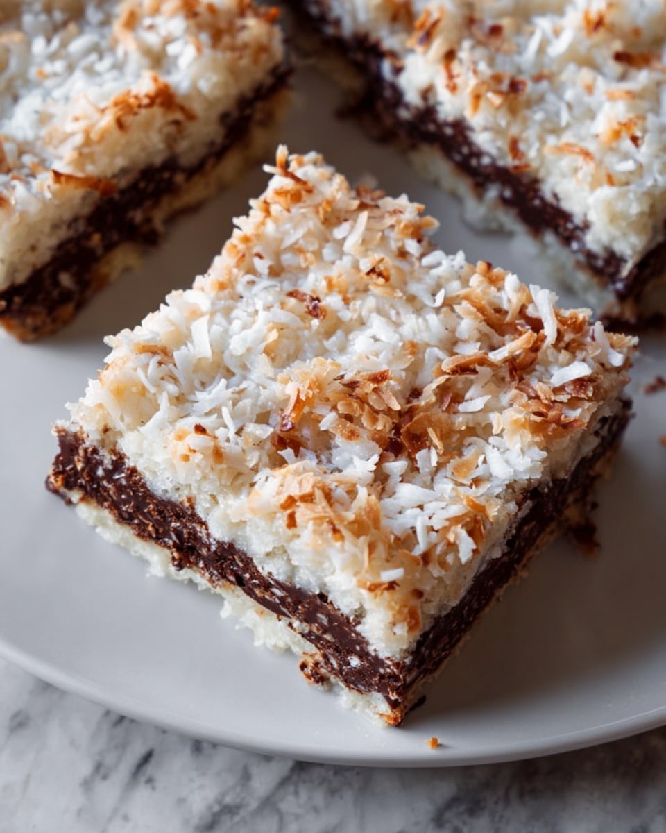 Large white square baking dish filled with a dense, rich chocolate and coconut dessert bar, showcasing an even marbled texture of dark chocolate layered with shredded coconut on top, the entire uncut tray presented in a professional 3/4 angle shot on a white marble countertop with natural lighting, styled as a food magazine hero shot, photo taken with an iphone --ar 4:5 --v 7