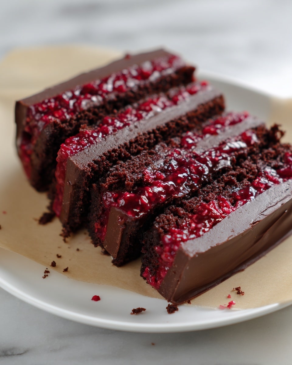 Uncut, whole rectangular chocolate and raspberry layered cake on white parchment paper atop a light wooden surface, featuring a rich dense chocolate base, a glossy dark chocolate top layer, and a vibrant fresh raspberry filling visible through the layers, presented with natural lighting against a white marble background, professional 3/4 angle food styling shot, photo taken with an iphone --ar 4:5 --v 7