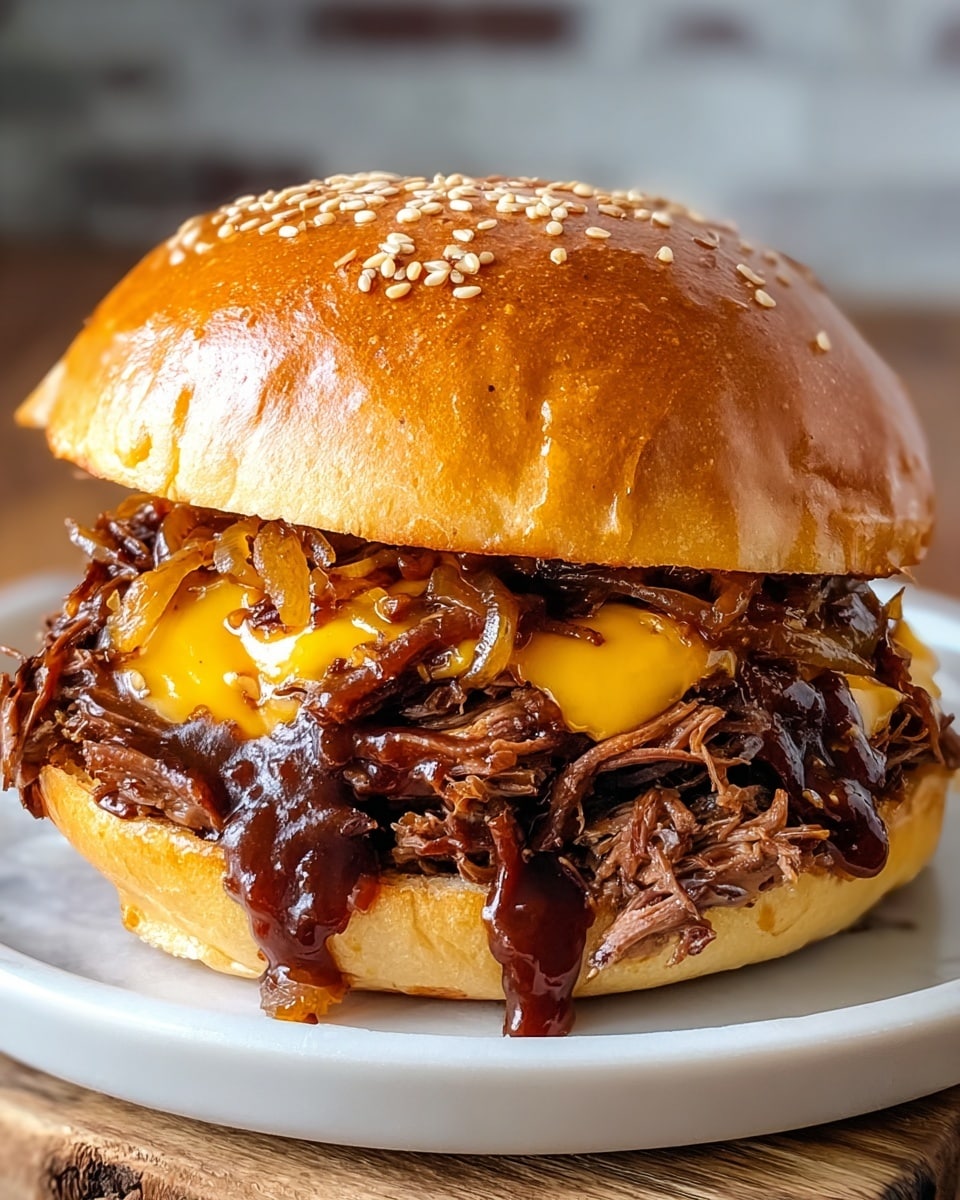 A large white platter showcasing a full, uncut BBQ pulled pork sandwich featuring a toasted golden sesame seed bun stacked high with tender, juicy pulled pork smothered in rich, glossy barbecue sauce and melted cheddar cheese dripping over caramelized onions, presented with the entire sandwich centered and photographed from a 3/4 angle on a white marble countertop, styled with natural lighting for a professional food magazine hero shot, photo taken with an iphone --ar 4:5 --v 7