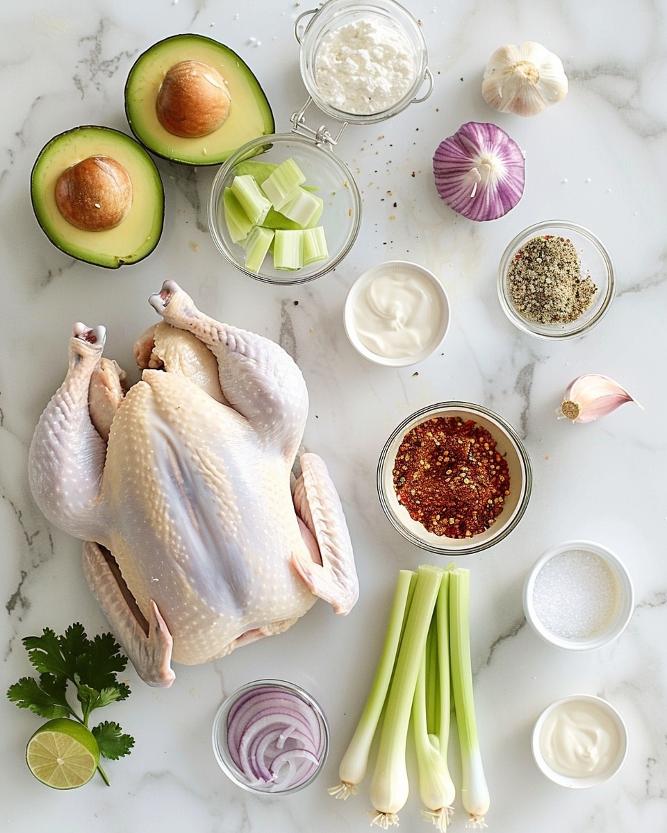 Single white plate with one halved avocado filled generously with creamy chicken salad, showcasing the chunky texture of shredded chicken mixed with diced red onions and a smooth dressing, sprinkled with chopped fresh cilantro and a dusting of paprika, close-up angled shot highlighting the vibrant green avocado and savory filling, set on white marble background, natural lighting, styled food blog serving photo taken with an iphone --ar 4:5 --v 7