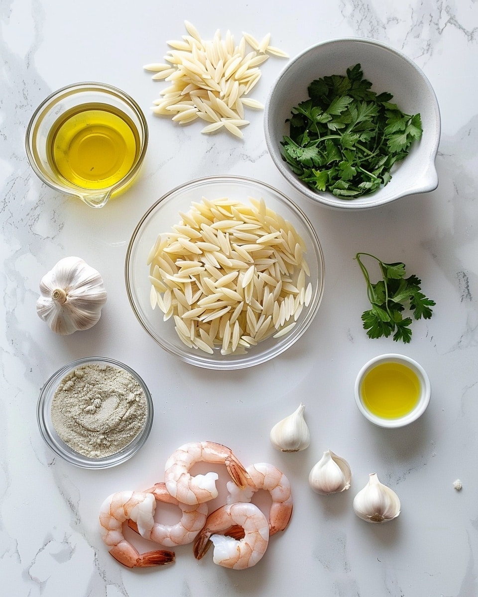 Single white plate with a close-up view of a plated serving of tender sautéed shrimp atop a bed of orzo pasta mixed with finely diced red peppers and herbs, the shrimp showing a slight char and glistening texture, sprinkled with fresh chopped parsley, natural lighting accentuating the golden buttery sauce coating the orzo, placed on a white marble surface, styled like a food blog individual portion photo taken with an iphone --ar 4:5 --v 7