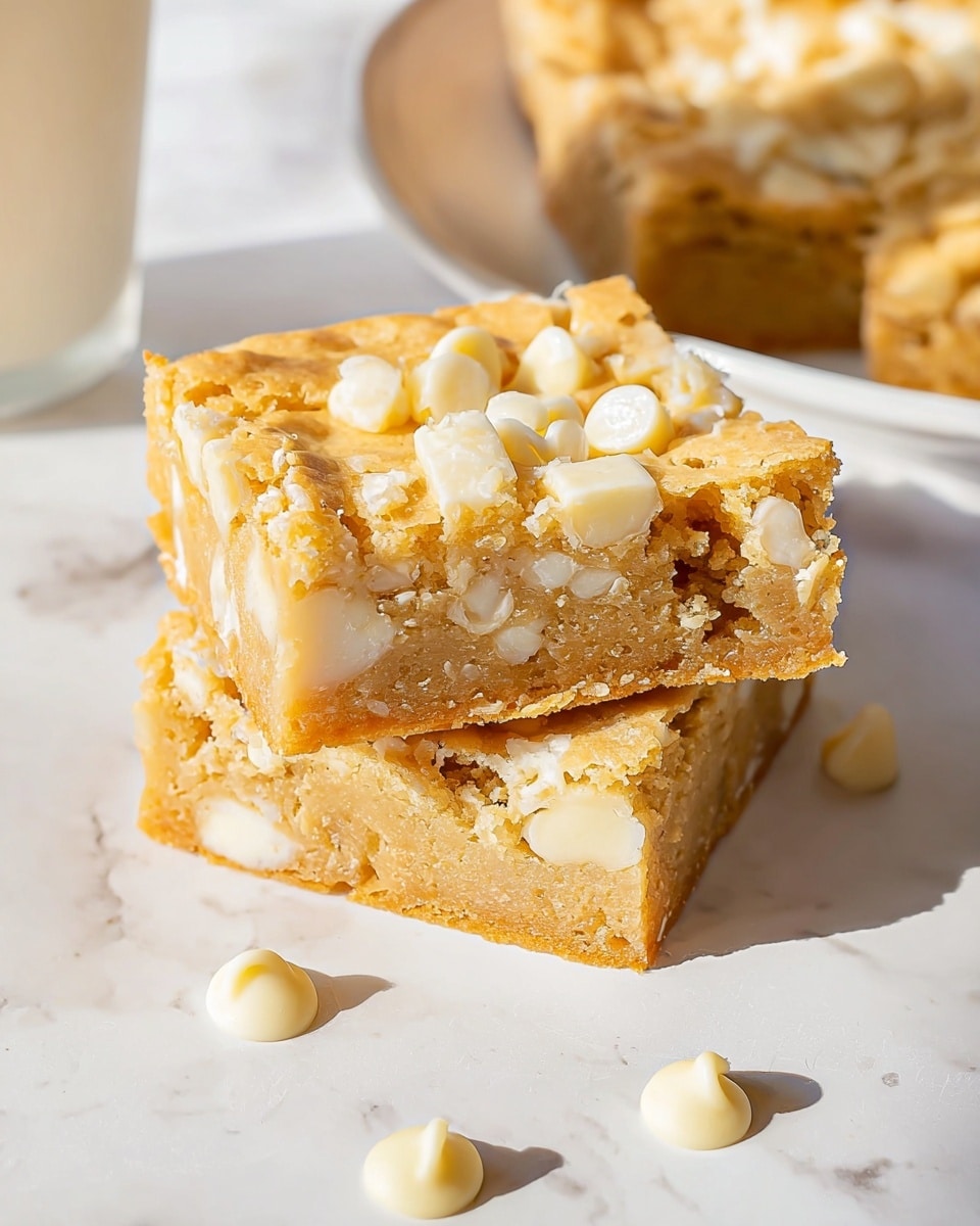 Large white ceramic baking dish filled with a freshly baked white chocolate chip blondie slab, the surface dotted with abundant creamy white chocolate chips and a golden-brown crust, edges slightly crisp and center soft and chewy, photographed from a 3/4 angle on a white marble countertop with natural light, styled as a professional food magazine hero shot, photo taken with an iphone --ar 4:5 --v 7
