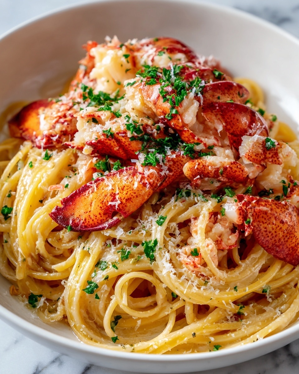 Large white pasta bowl filled with creamy lobster spaghetti, featuring plenty of whole lobster claws and tail meat nestled on top of perfectly twirled thick spaghetti strands, generously coated in a rich, velvety sauce, sprinkled with finely grated Parmesan and fresh chopped parsley, presented as a full serving in a pristine bowl, shot from a 3/4 angle on a white marble background with natural lighting, professional food magazine style photo taken with an iphone --ar 4:5 --v 7