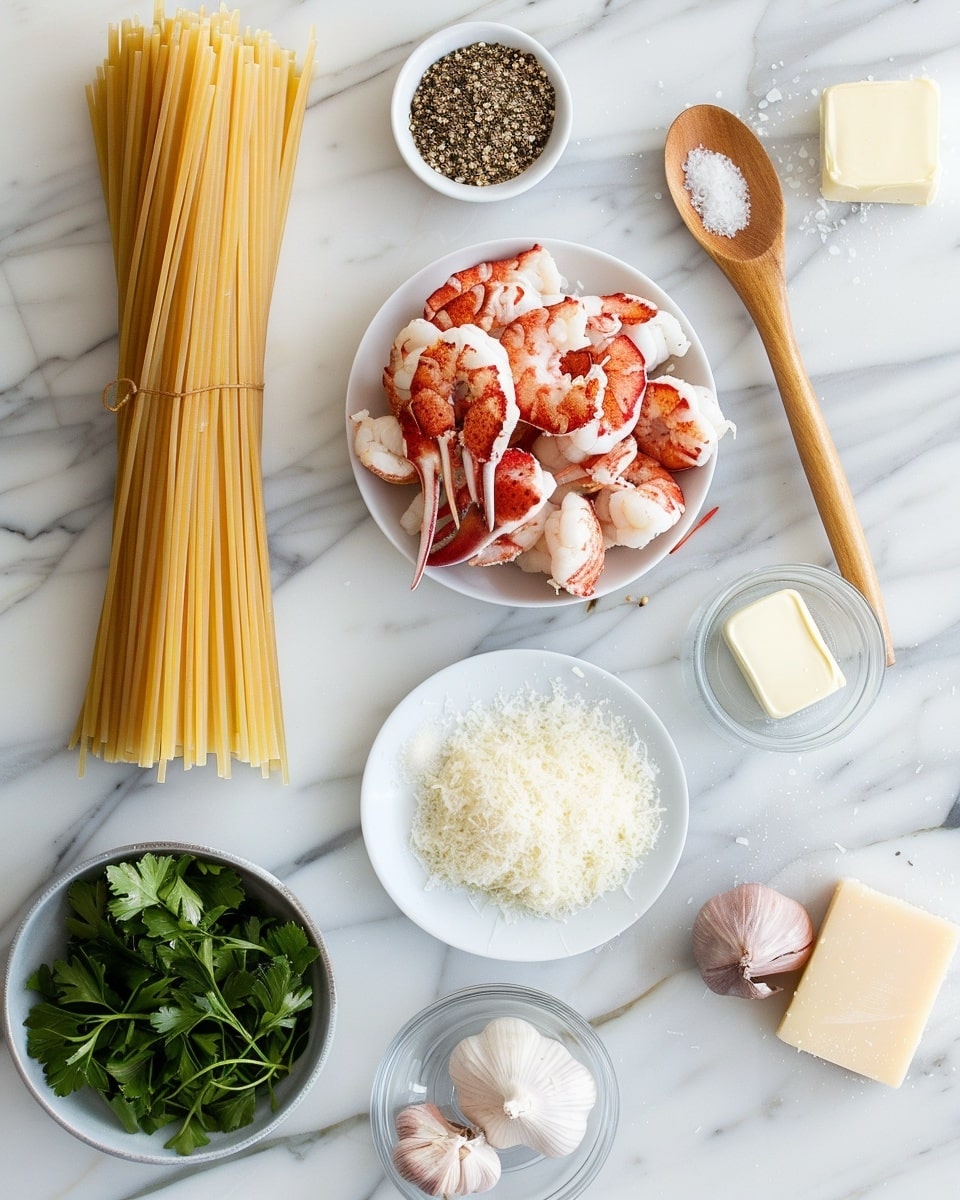 Single white plate featuring a plated serving of creamy lobster pasta with thick bucatini noodles elegantly twirled, topped with tender lobster claw and knuckle pieces nestled among the sauce, finely chopped fresh parsley sprinkled over for contrast, and a light dusting of grated Parmesan cheese revealing the rich, velvety texture of the sauce enveloping each strand, all set against a white marble surface with natural lighting that highlights the luscious layers and vibrant colors, intimate plated serving photo taken with an iphone --ar 4:5 --v 7