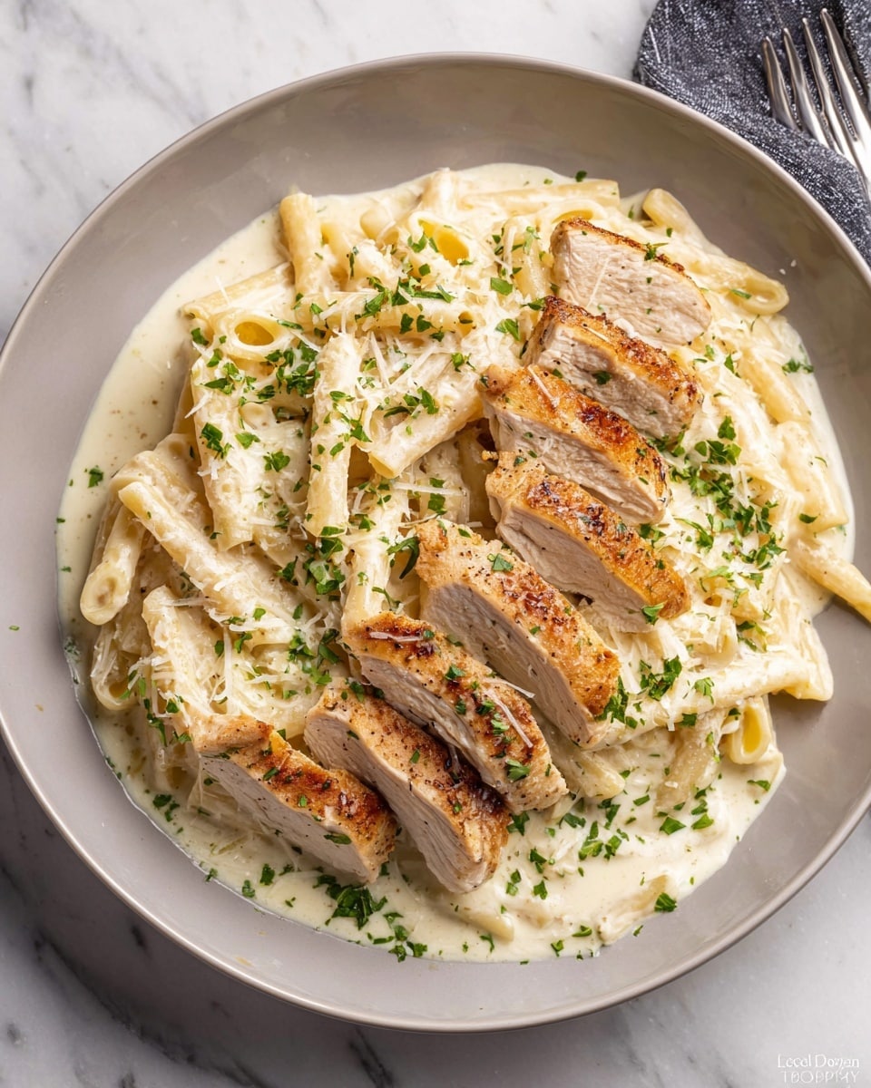 Large white skillet filled with creamy alfredo pasta and two whole grilled chicken breasts resting on top, chicken breasts with perfectly seared grill marks and sprinkled with fresh chopped parsley, rich white sauce coating every piece of penne pasta, garnished delicately with grated parmesan and fresh herbs, whole dish captured in a professional 3/4 angle shot on a white marble background with natural lighting, styled like a hero shot from a food magazine, photo taken with an iphone --ar 4:5 --v 7