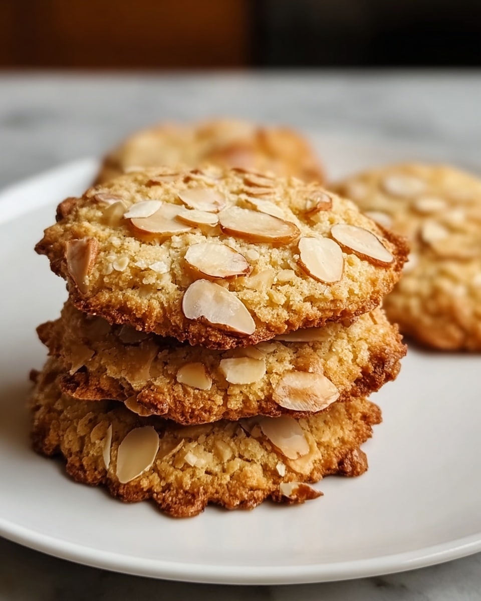 A large white plate filled with a whole batch of freshly baked almond coconut cookies, each cookie generously sprinkled with thin sliced almonds and exhibiting a golden-brown crispy edge and chewy center texture, arranged neatly in an inviting pile showcasing their rustic homemade appearance, photographed from a 3/4 angle on a white marble countertop under natural lighting, capturing the delicious texture and almond topping in a professional food magazine style hero shot, photo taken with an iphone --ar 4:5 --v 7