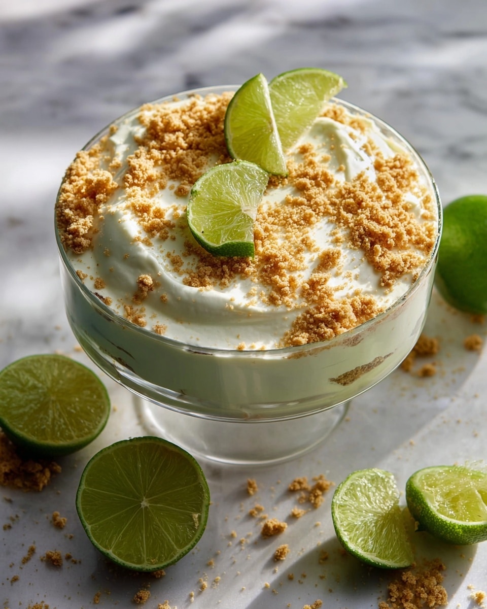 Large white serving bowl filled with creamy key lime pie mousse, topped generously with golden graham cracker crumbs and garnished with several fresh lime wedges, whole dish presented elegantly on a white marble countertop, natural lighting highlighting the smooth texture and fresh lime accents, professional food magazine hero shot photo taken with an iphone --ar 4:5 --v 7