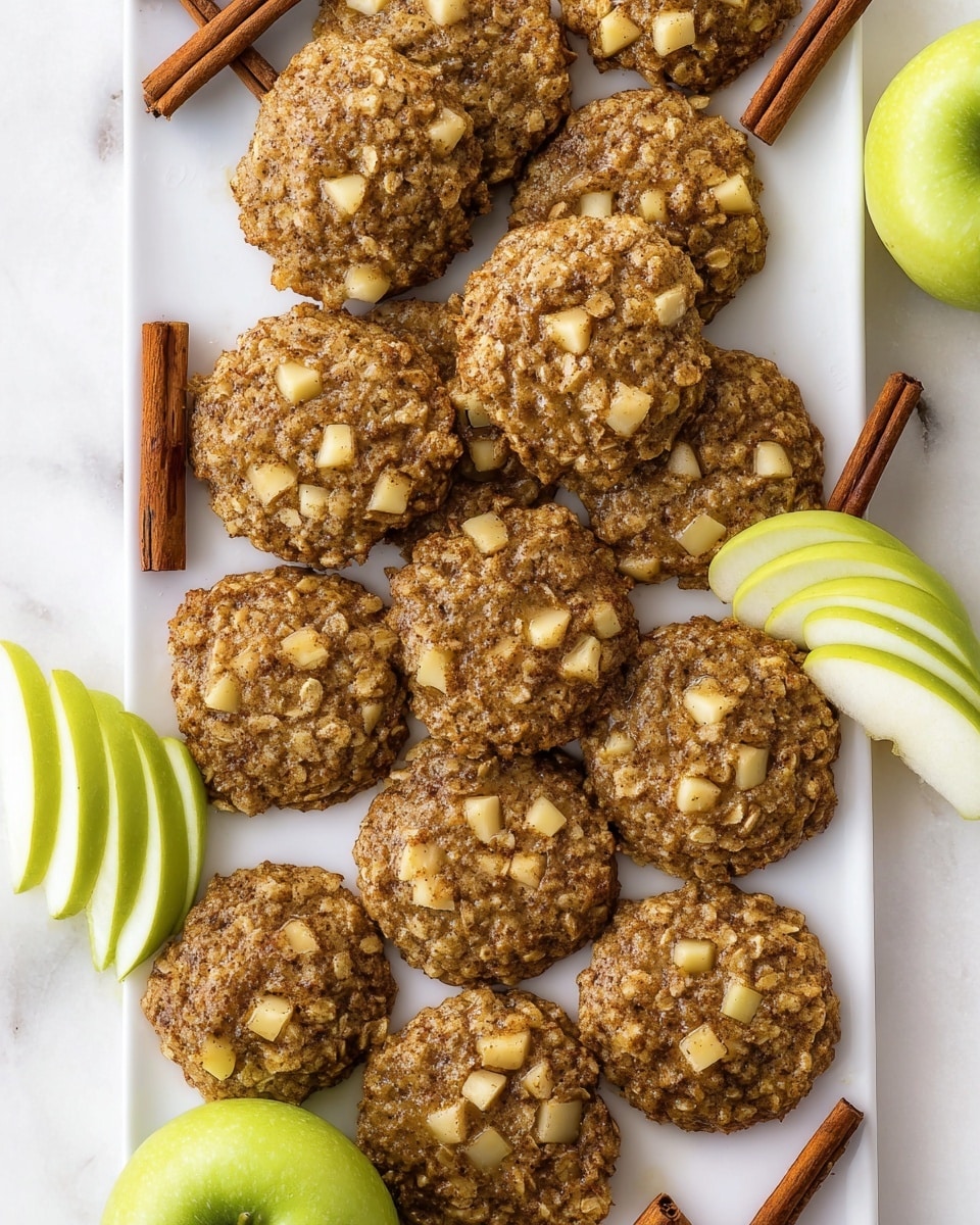 A large white rectangular platter filled with a dozen perfectly baked oatmeal apple cinnamon cookies, each cookie densely packed with small diced apple pieces and speckled with oats and cinnamon, arranged neatly and sprinkled with a few whole cinnamon sticks and fresh green apple slices on the side, the whole scene captured from a professional 3/4 angle with natural lighting on a white marble countertop, styled like a hero shot from a food magazine, photo taken with an iphone --ar 4:5 --v 7