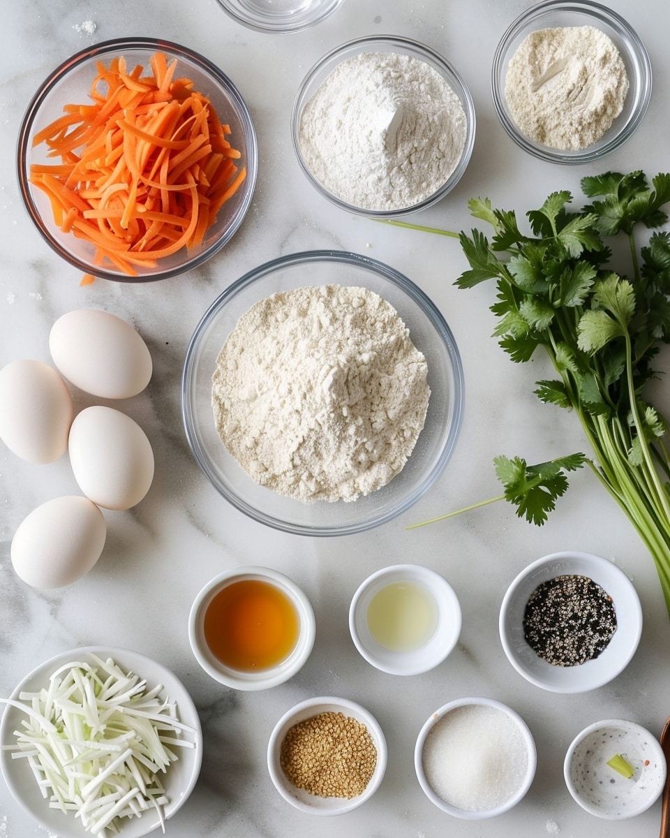 Single white plate with one golden-brown vegetable pancake showing crispy edges and a slightly open texture revealing shredded carrot, green onion, and zucchini inside, garnished with thinly sliced green onions on top, accompanied by a small white dipping bowl filled with soy-based sauce speckled with chili flakes and sesame seeds, natural lighting highlighting the savory layers, placed on a white marble surface, intimate plated serving photo taken with an iphone --ar 4:5 --v 7