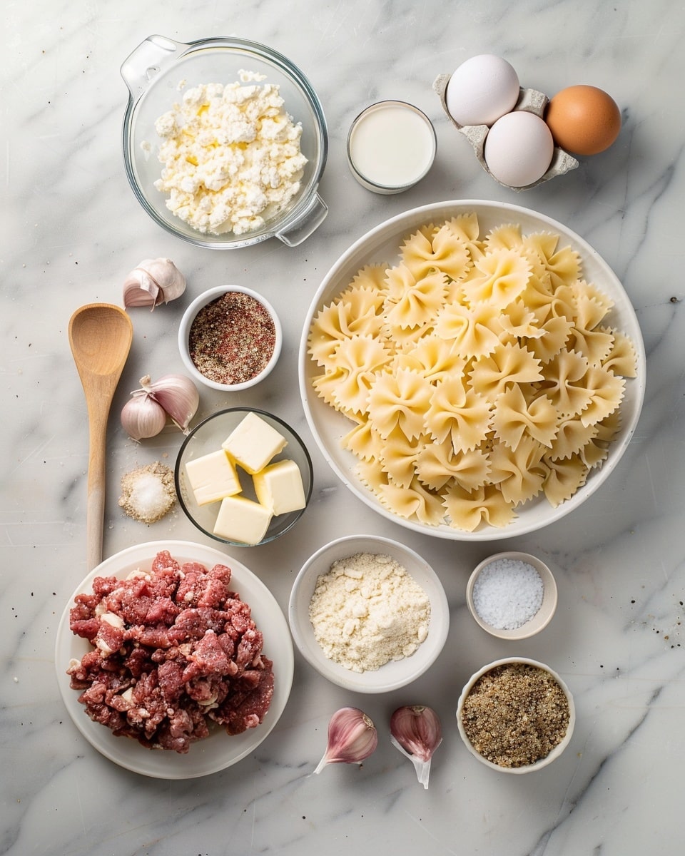 Single white plate with a generous portion of cheesy ground beef bowtie pasta casserole, close-up angle revealing tender bowtie pasta coated in melted cheddar and mozzarella cheese, visible juicy ground beef crumbles, vibrant flecks of fresh parsley and chili flakes sprinkled on top, rich creamy texture and slight golden crust along the edges, set on white marble surface, styled food blog single serving presentation photo taken with an iphone --ar 4:5 --v 7