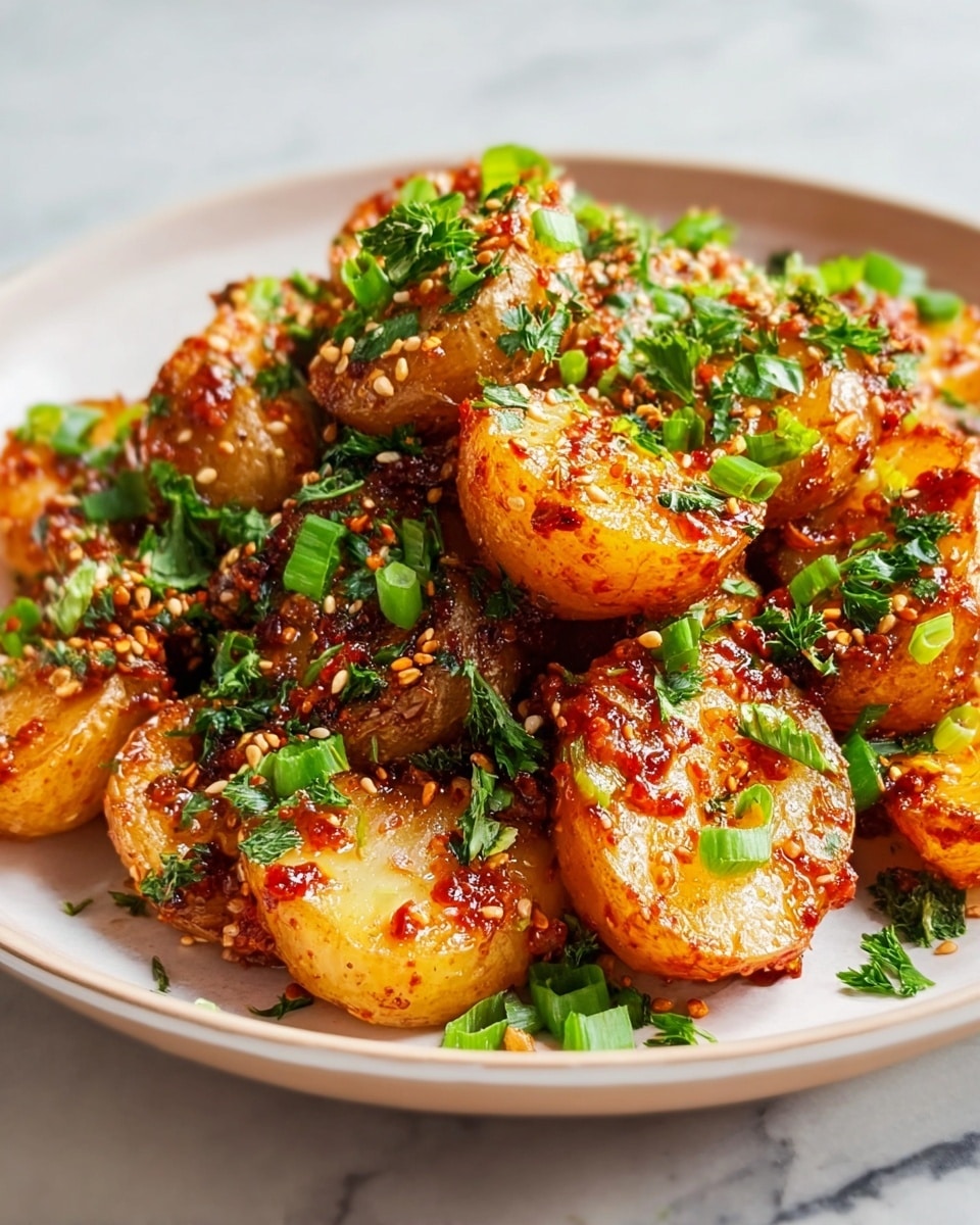 Large white serving bowl filled with a generous portion of roasted baby potatoes mixed with caramelized onions and crispy bits of seasoned bacon, generously sprinkled with toasted sesame seeds and chopped fresh green onions, the full dish showcasing vibrant colors and textures, photographed from a 3/4 angle on a white marble surface under natural lighting, styled for a high-end food magazine hero shot, photo taken with an iphone --ar 4:5 --v 7