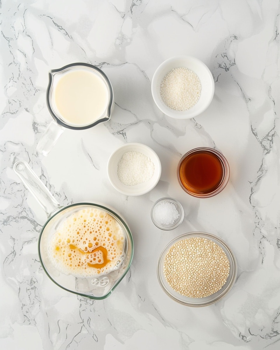 Single white pedestal glass elegantly filled with a creamy serving of quinoa pudding, showcasing the delicate, slightly grainy texture of the quinoa visible through the transparent glass, topped with fresh vibrant red raspberries and plump deep blue blueberries, placed on a white marble surface with soft natural lighting emphasizing the wholesome dessert’s details, intimate plated serving photo taken with an iphone --ar 4:5 --v 7