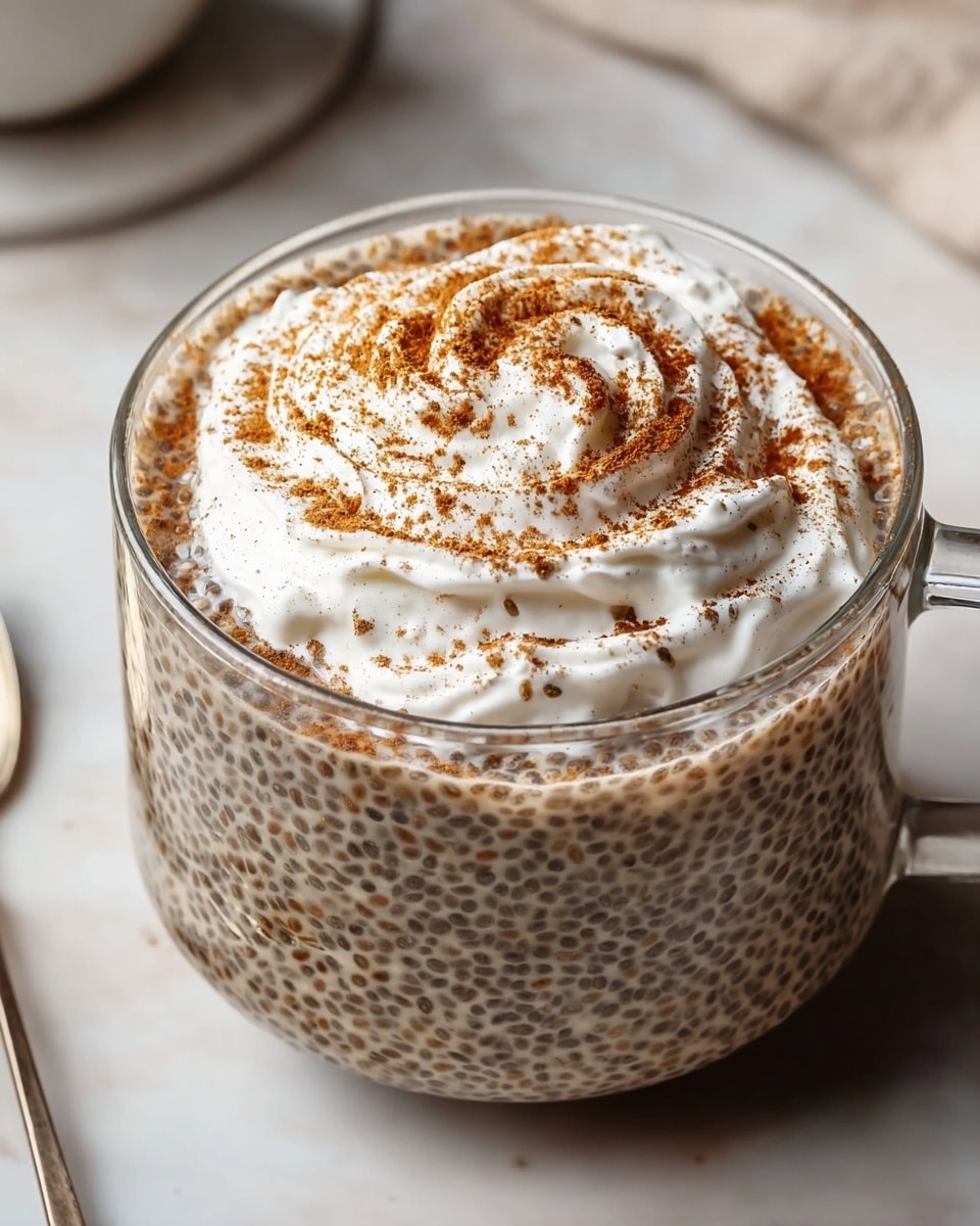 Large white serving bowl filled with a generous portion of coffee chia pudding, the creamy mixture speckled evenly with soaked chia seeds, topped with a swirl of whipped cream, and dusted with a light sprinkle of cinnamon powder, the whole dish styled beautifully on a white marble countertop, captured in natural lighting with a professional 3/4 angle shot, resembling a hero photo from a food magazine, photo taken with an iphone --ar 4:5 --v 7