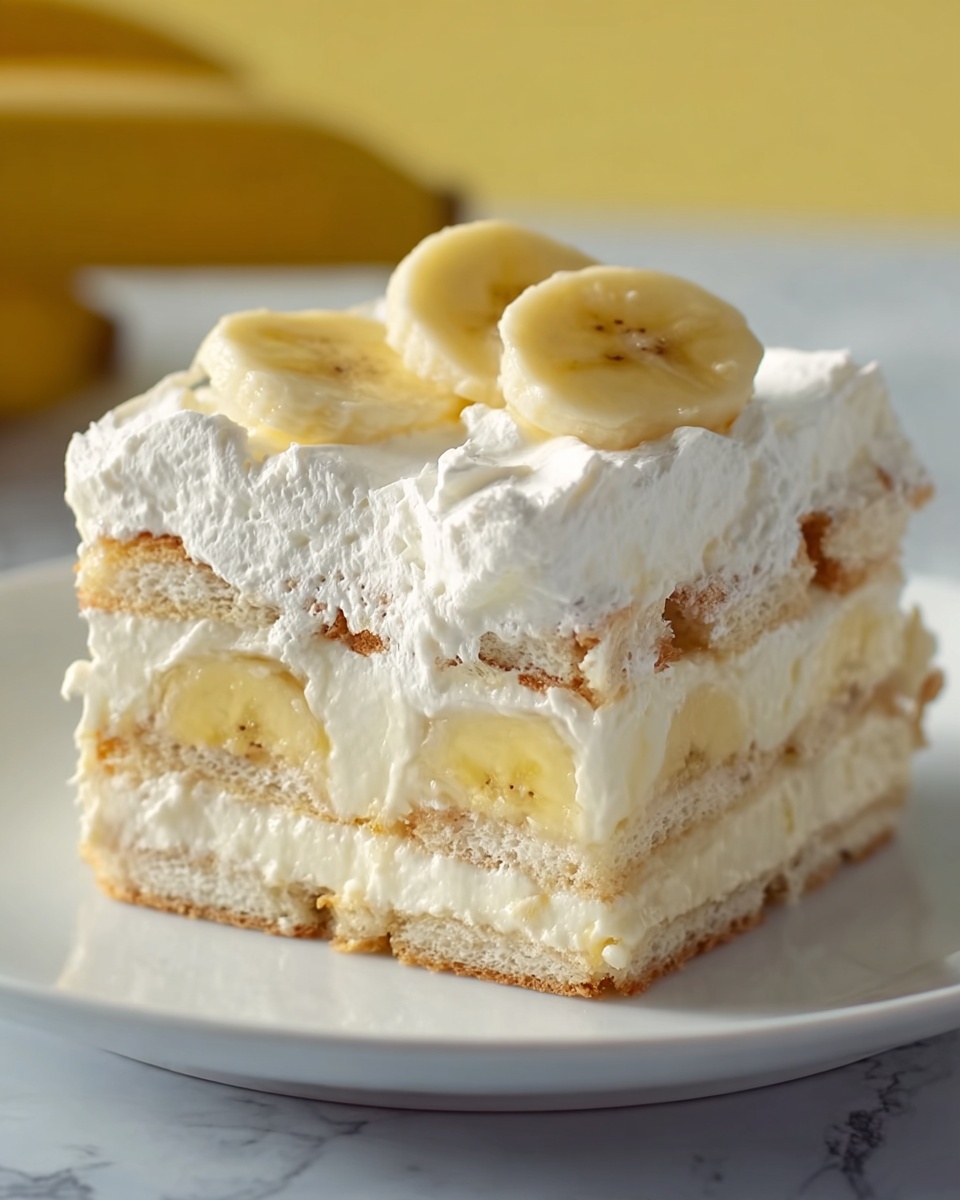Large white baking dish filled with a whole layered banana pudding dessert, featuring alternating rows of whole vanilla wafer cookies and creamy, silky vanilla pudding topped with fluffy, swirled whipped cream, all arranged neatly in a rectangular container, photographed at a 3/4 angle on a white marble countertop with natural lighting, styled as a professional food magazine hero shot, photo taken with an iphone --ar 4:5 --v 7