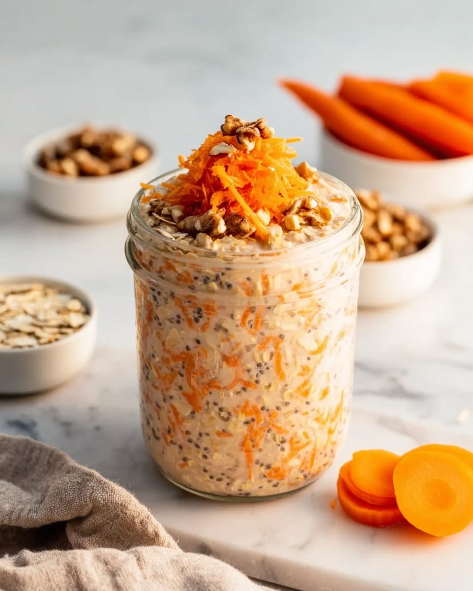 A large white glass jar filled to the brim with creamy overnight oats mixed with visible grated carrot shreds and chia seeds, topped with a generous mound of finely shredded carrot and a sprinkle of chopped walnuts. Surrounding the jar are small white bowls containing additional rolled oats and sliced fresh carrots, all arranged neatly on a white marble surface. The scene is lit with natural light, highlighting the rich texture and wholesome ingredients, captured with a professional 3/4 angle view showcasing the entire jar as a complete, ready-to-serve dish, photo taken with an iphone --ar 4:5 --v 7