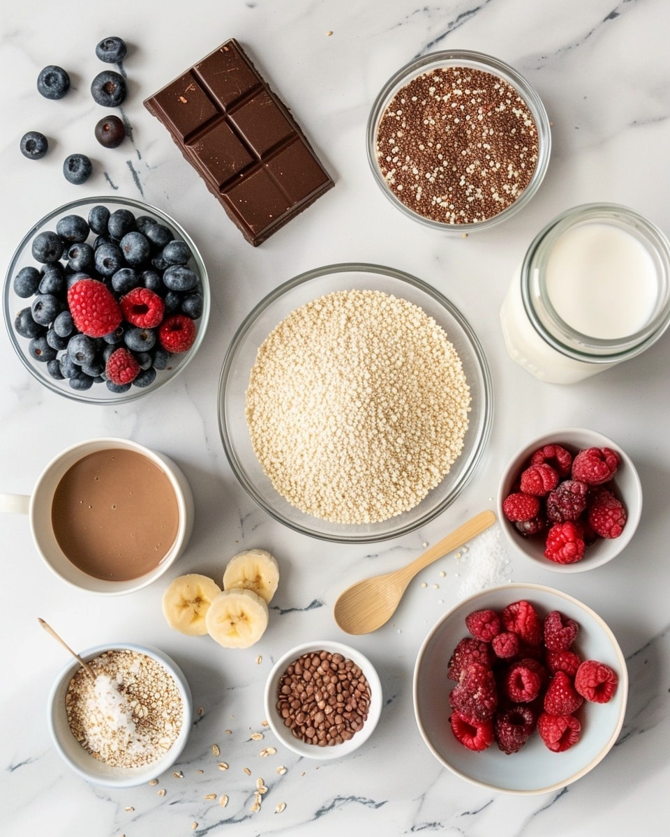 Single white bowl containing a close-up, intimate serving of chocolate quinoa porridge topped with fresh banana slices sprinkled with chia seeds, vibrant raspberries and blueberries, and rich chunks of dark chocolate melting slightly into the warm grains, creamy texture visible with a spoon gently scooping into the dish, presented on a white marble surface with natural lighting highlighting the contrasting colors and textures, styled like a food blog feature shot, photo taken with an iphone --ar 4:5 --v 7