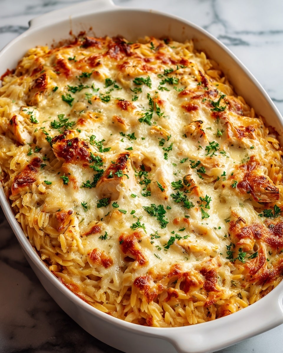 Large white ceramic baking dish filled with a whole baked orzo pasta casserole topped with golden melted cheese, tender pieces of chicken, and a sprinkle of fresh chopped parsley, the cheesy top perfectly browned and bubbling, shot with a 3/4 angle on a white marble surface under natural lighting, styled as a professional food magazine hero shot, photo taken with an iphone --ar 4:5 --v 7