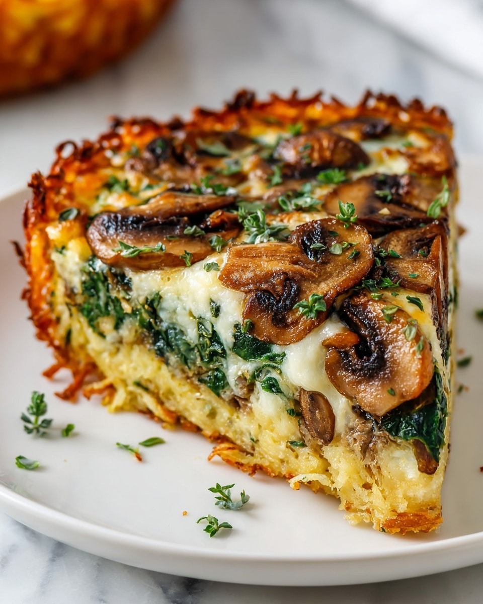 A whole golden-brown hash brown casserole baked perfectly in a round white ceramic dish, generously topped with sautéed mushrooms, fresh spinach, and melted mozzarella cheese, the edges crisp and textured, with herbs sprinkled across the surface for a vibrant finish, captured in a professional 3/4 angle shot on a pristine white marble countertop under natural lighting, resembling a hero shot from a gourmet food magazine, photo taken with an iphone --ar 4:5 --v 7