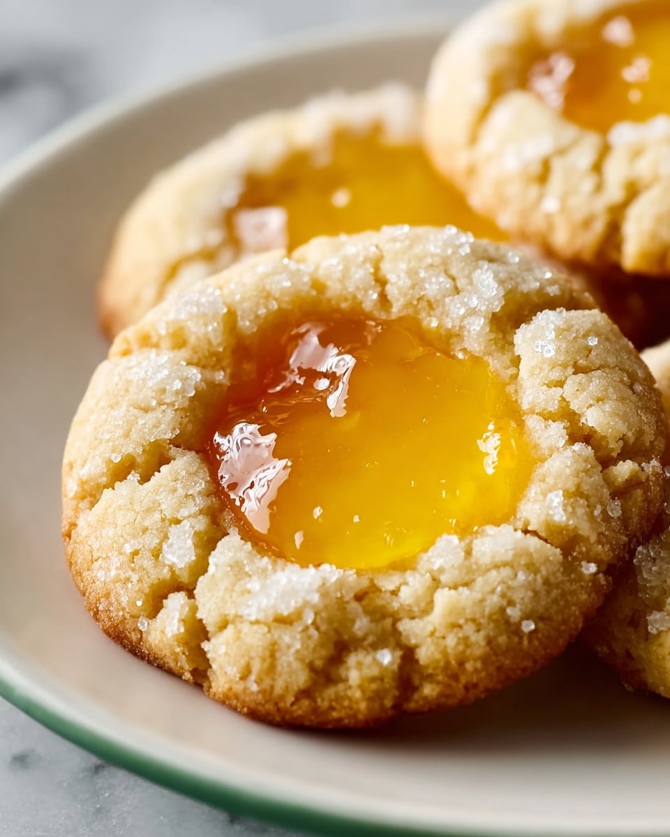 A large white plate filled with a neat pile of soft thumbprint cookies, each with a golden, glossy lemon jam center, showcasing the entire batch in perfect form, accompanied by a glass jar of lemon curd and a clear bowl of fresh lemons in the soft-focus background, photographed from a 3/4 angle on a white marble surface with natural light highlighting the crumbly texture and vibrant color, professional food styling photo taken with an iphone --ar 4:5 --v 7