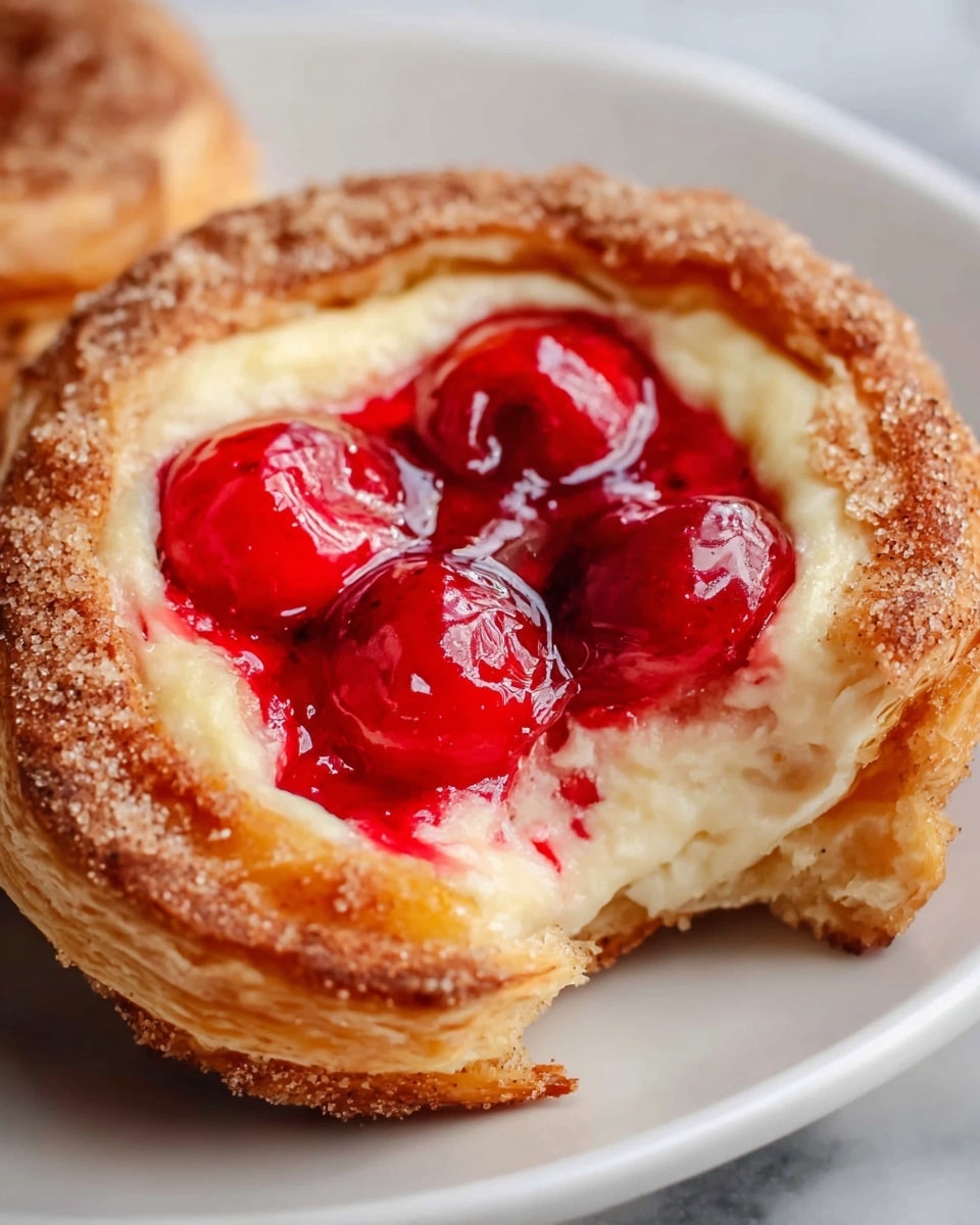 A large white ceramic plate filled with a full batch of freshly baked cherry danishes, each pastry puff golden brown with a delicate cinnamon dusting around the edges, topped generously with glossy, vibrant red cherry filling nestled in creamy custard centers, arranged invitingly to showcase the entire collection, photographed from a professional 3/4 angle on a white marble countertop with natural lighting, styled like a premium food magazine hero shot, photo taken with an iphone --ar 4:5 --v 7