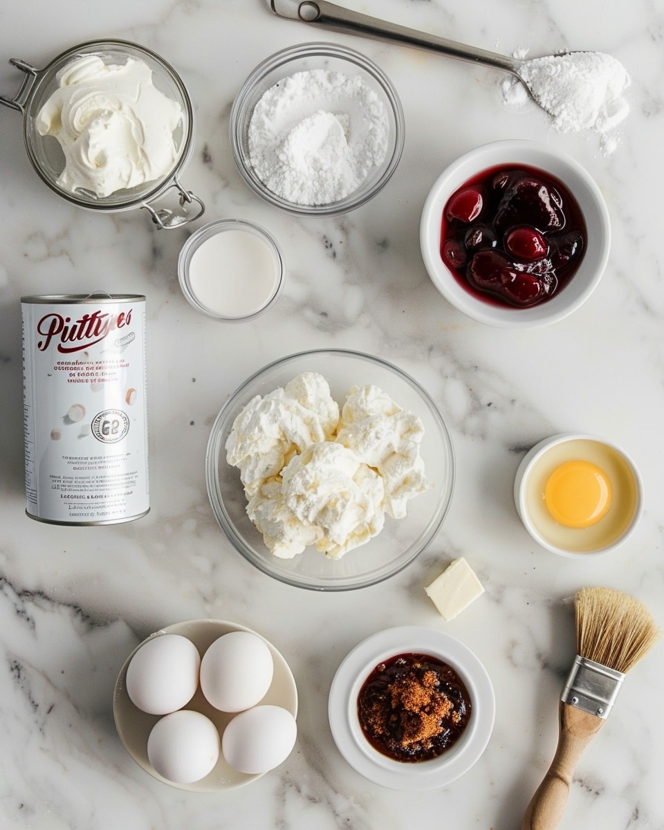 Single white plate holding one round cherry cheesecake danish with a thick, flaky golden crust dusted with cinnamon sugar, close-up angled view revealing the creamy cheesecake layer and vibrant glossy cherry topping with whole cherries, interior texture visible, natural light highlighting the soft custard and buttery pastry layers, placed on white marble surface, intimate plated serving photo taken with an iphone --ar 4:5 --v 7