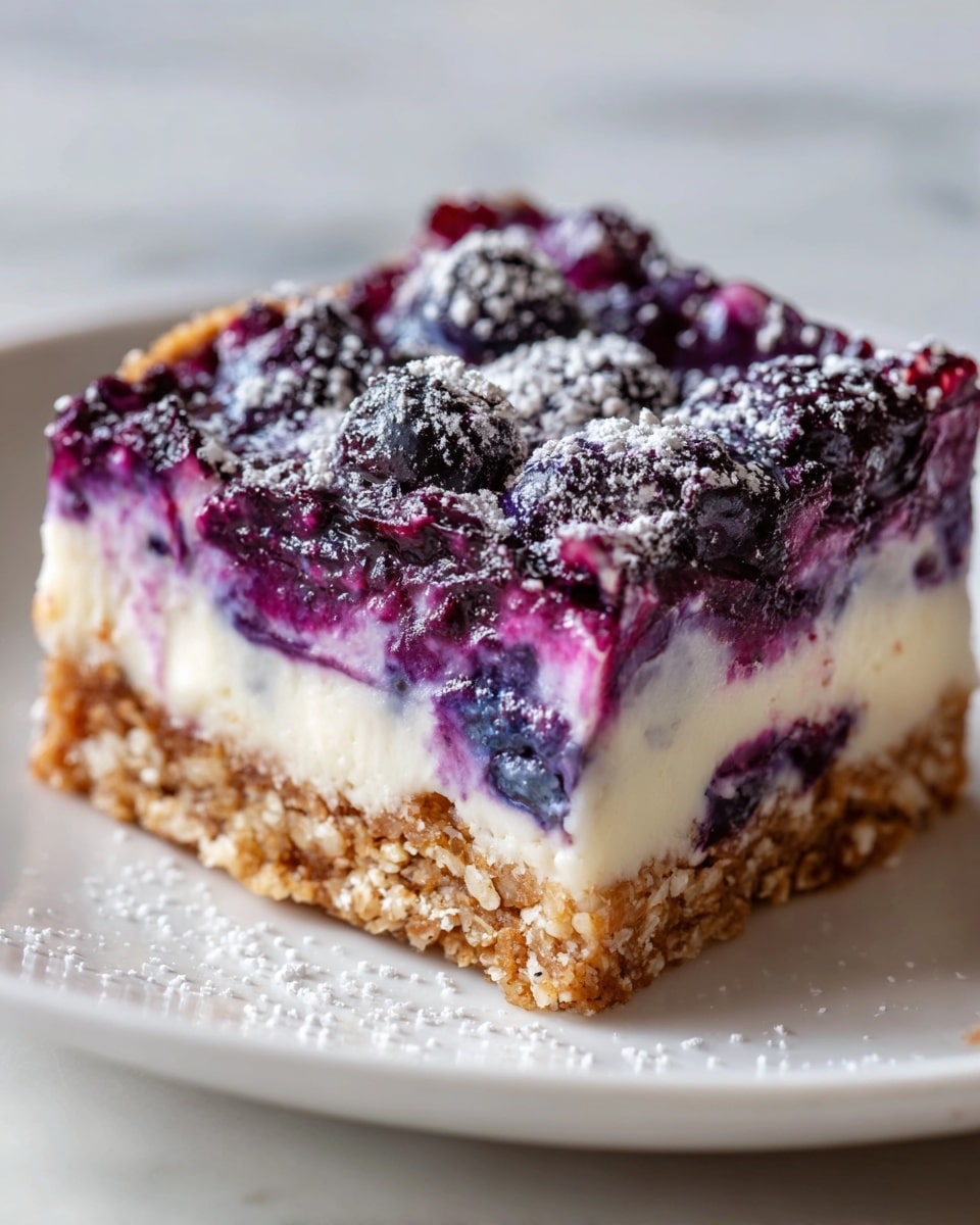 Whole rectangular white serving dish filled with a full tray of layered blueberry and yogurt bars, showcasing a thick, textured oat crust base topped with creamy white yogurt layer swirled with vibrant purple blueberry compote evenly spread across the surface, garnished with whole blueberries, photographed from a 3/4 angle on a white marble countertop with natural lighting, professional food magazine hero shot, photo taken with an iphone --ar 4:5 --v 7