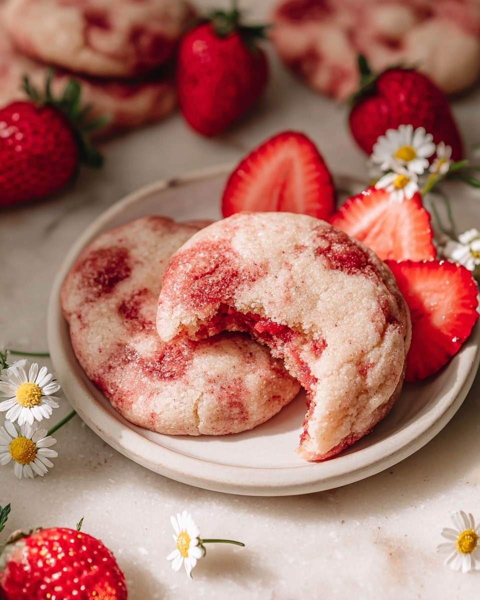 A white parchment-lined wooden board filled with a full batch of round, soft strawberry sugar cookies, each cookie showcasing swirls of vibrant red strawberry jam throughout the tender dough, arranged closely together and accented with fresh whole and halved strawberries along with small white edible flowers, all captured in a professional 3/4 angle shot on a white marble background with natural lighting, like a hero food magazine photo taken with an iphone --ar 4:5 --v 7