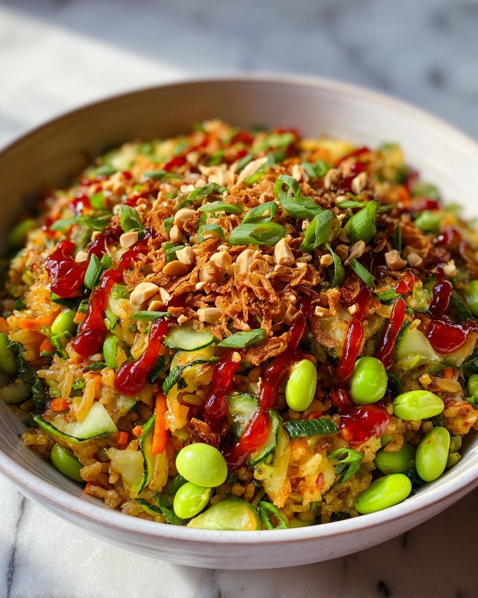 Large white bowl filled with vibrant vegetable fried rice, showcasing bright green edamame, sliced cucumber, shredded carrots, and chopped broccoli evenly mixed with seasoned rice, topped with chopped peanuts, fresh green onion slices, and drizzles of rich red chili sauce and dark savory glaze, whole dish captured at a 3/4 angle on white marble countertop with natural light, professional food magazine hero shot photo taken with an iphone --ar 4:5 --v 7
