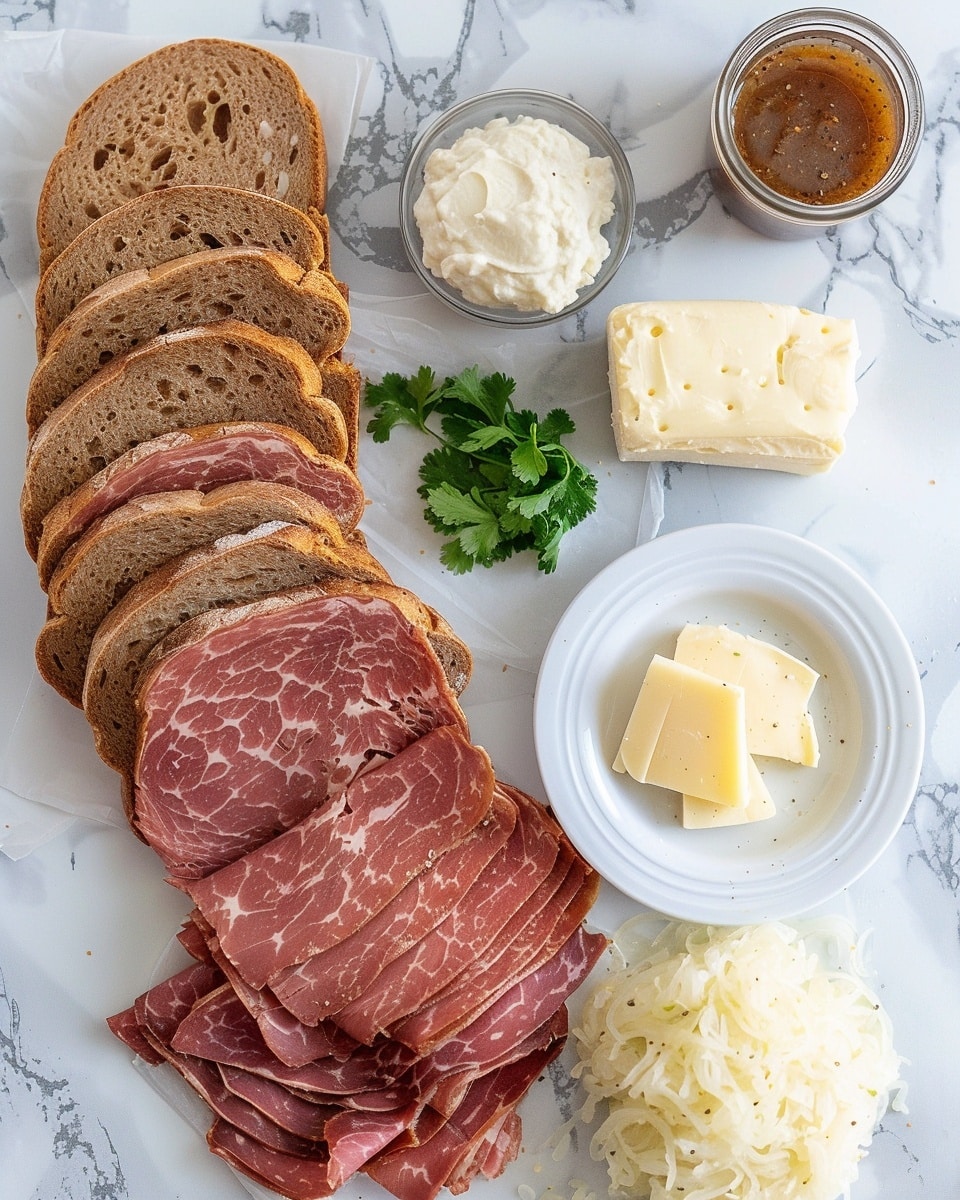 Single white square plate holding one half of a toasted Reuben sandwich, close-up angled view showing thick layers of tender corned beef, melted Swiss cheese gently oozing, and tangy sauerkraut spilling slightly from between rustic rye bread slices with a crisp golden-brown crust, sprinkled with a touch of fresh chopped parsley, set on a white marble surface with natural lighting, styled like a gourmet deli serving photo taken with an iphone --ar 4:5 --v 7