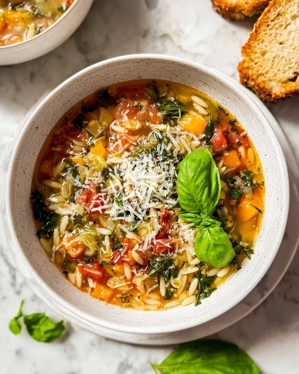 Large white cooking pot filled with a vibrant vegetable and rice soup, showcasing diced carrots, bright cherry tomatoes, fresh chopped spinach, and tender orzo pasta all immersed in a clear, golden broth with hints of herbs, the entire wholesome soup presented steaming hot, photographed from a three-quarter angle on a white marble countertop with natural light emphasizing the colorful ingredients, professional food styling photo taken with an iphone --ar 4:5 --v 7