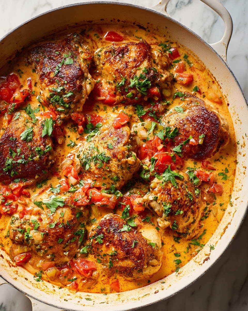 Large white skillet filled with a creamy tomato herb chicken dish, showing multiple golden-brown chicken pieces submerged in a rich, orange-tinted sauce with diced tomatoes, onions, and fresh cilantro garnishing the surface, steam gently rising, captured from a slight 3/4 angle on a white marble countertop with natural lighting, styled as a hero food magazine shot, photo taken with an iphone --ar 4:5 --v 7