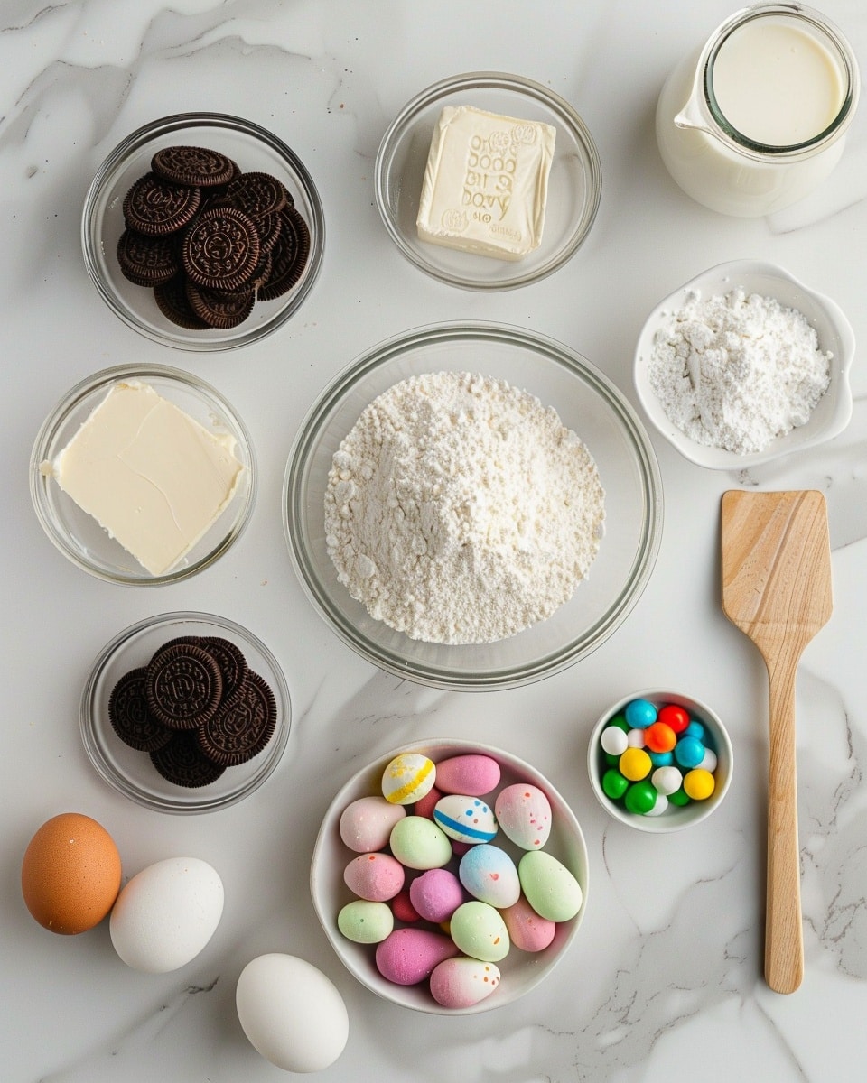 Single white square ceramic dish holding one neatly sliced portion of a layered chocolate dessert with a dense, moist dark chocolate base, topped with a thick creamy white frosting layer, colorful candy-coated chocolate eggs and mini Oreo cookies artfully scattered on top along with vibrant rainbow sprinkles, close-up angled view emphasizing the contrast between the dark chocolate layer and fluffy topping, presented on white marble surface with natural lighting, styled like a gourmet food blog photo taken with an iphone --ar 4:5 --v 7
